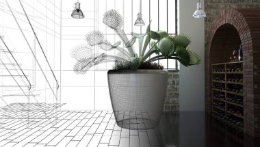 Çatı katı tarzında modern tasarım ve çömleğe bitki.