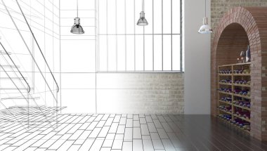 İç tasarım şarap mahzeni ve şişeler.   