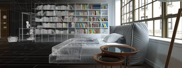 도서관과 침실의 렌더링 — 스톡 사진
