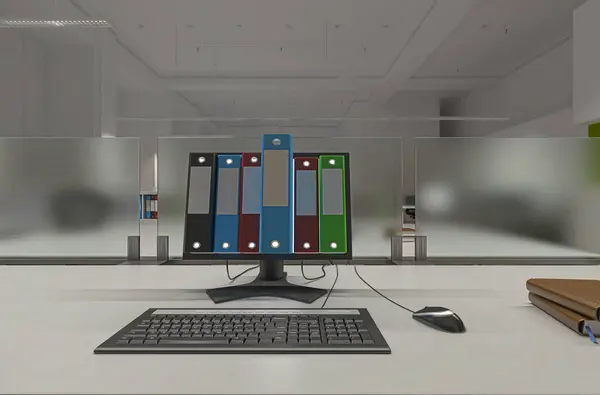 スクリーン上のフォルダを持つコンピュータ Dレンダリング — ストック写真