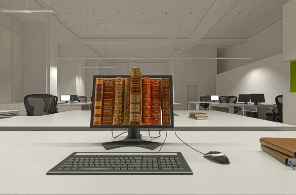 Computer Mit Büchern Auf Dem Bildschirm Rendering — Stockfoto