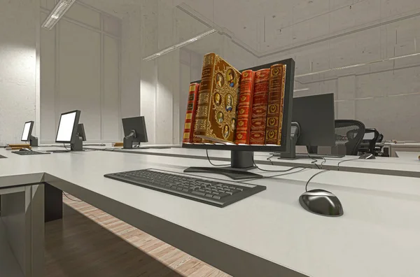 屏幕上有书的电脑 3D渲染 — 图库照片