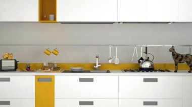 Modern, parlak mutfak. 3 boyutlu, kedili.  