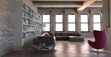 Kütüphane odasının 3d görüntülemesi