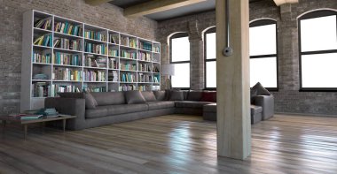 Kütüphane odasının 3d görüntülemesi