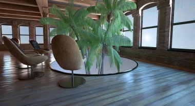 Modern bir iç tasarımın 3 boyutlu görüntüsü 