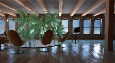 Modern bir iç tasarımın 3 boyutlu görüntüsü 