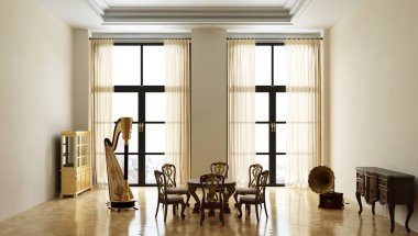 Odada arplı boş ahşap masa ve içinde klasik parke olan büyük pencere. 3d illüstrasyon 