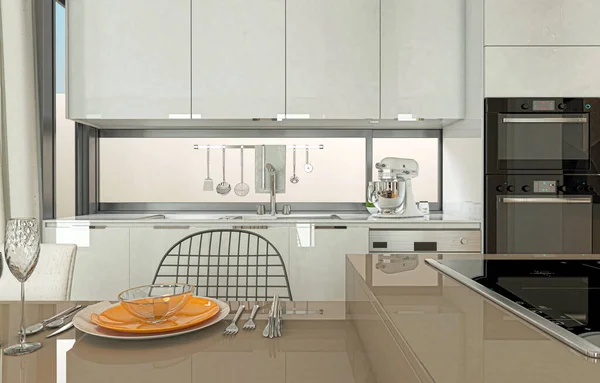 Modern Bright Kitchen Rendering — Stock Photo, Image