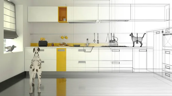 现代明亮厨房3D渲染与猫和狗 — 图库照片