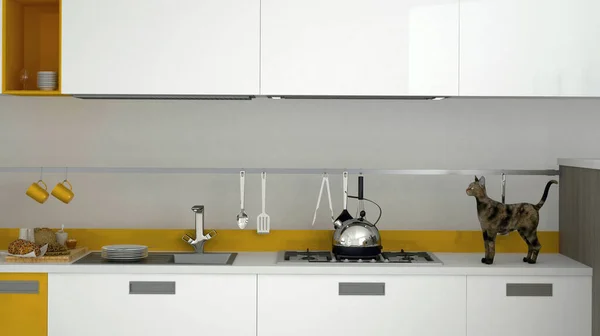 现代明亮厨房3D渲染与猫 — 图库照片