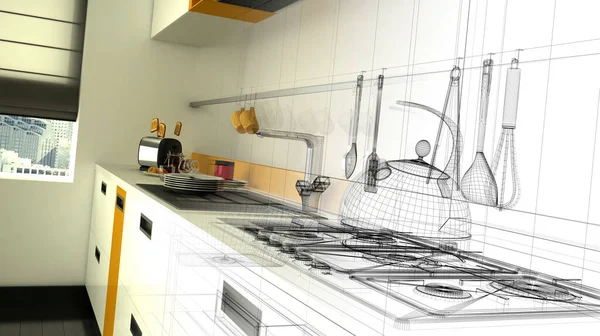 现代明亮厨房3D渲染 — 图库照片
