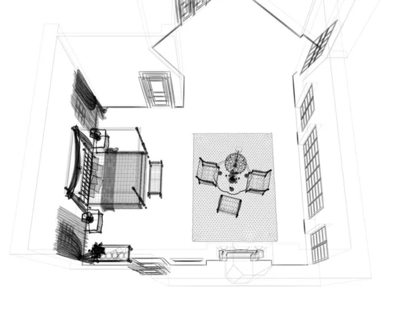 带有建筑草图的现代房屋3D插图 — 图库照片