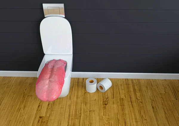 Toilettenschüssel Badezimmer Mit Menschlicher Zunge Auf Der Toilette — Stockfoto