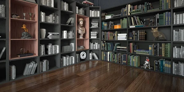 书架上的图书馆和猫的3D渲染 — 图库照片