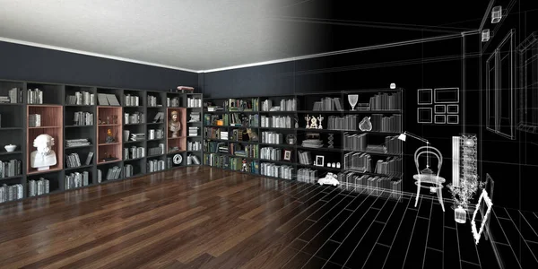 书架上的图书馆和猫的3D渲染 — 图库照片
