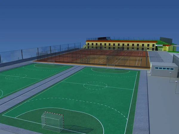 Rendering Eines Modernen Stadions Mit Fußballausrüstung — Stockfoto