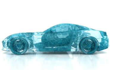 Beyaz arka planda izole edilmiş araba şeklindeki su. 3d illüstrasyon