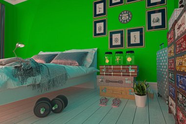 Modern bir iç tasarımın 3 boyutlu görüntüsü 