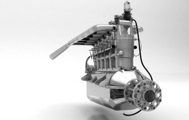 Bir motorun beyaz arkaplanının 3 boyutlu çizimi