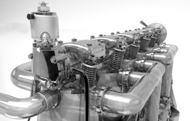 Bir motorun beyaz arkaplanının 3 boyutlu çizimi