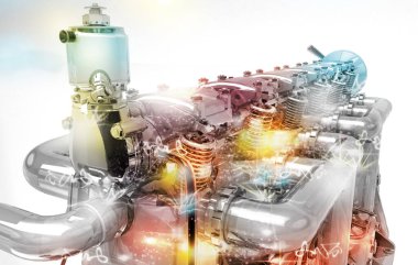 Bir motorun beyaz arkaplanının 3 boyutlu çizimi