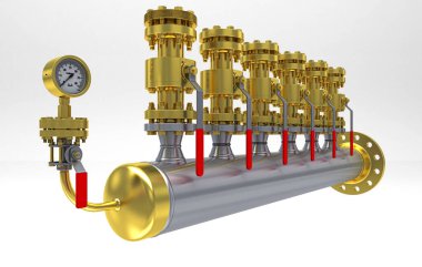 Beyaz arka planlı büyük metalik gaz boru hattının 3 boyutlu görüntülenmesi 