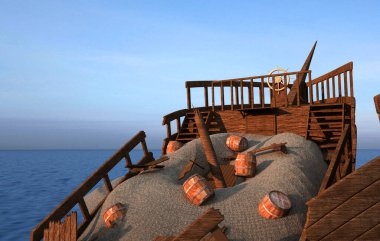 3 cg yelkenli tekne ve hazine sandığı.