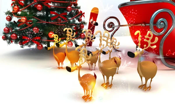 Weihnachtskomposition Aus Rotem Weihnachtsbaum Und Schlitten — Stockfoto