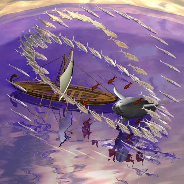 Трехмерная Иллюстрация Лодки Море Большим Количеством Рыбы — стоковое фото