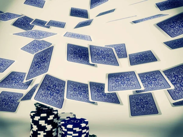 Jogar Cartas Com Fichas Poker Mesa Madeira — Fotografia de Stock