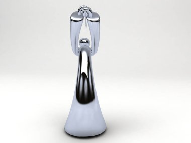 Beyaz arka planda kılıçlı bir adamın üç boyutlu metal heykeli.