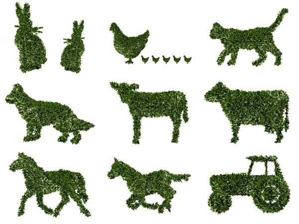 Zöld Állatok Fűből Repülőgépből Traktorból Fehér Alapon Vektorkészlet — Stock Fotó