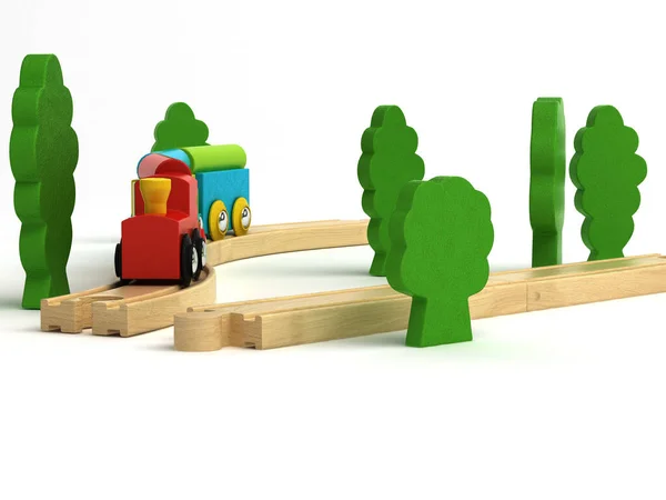 Wooden Train Toy Green Trees White Background — Stock Photo, Image