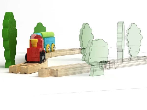 Wooden Train Toy Green Trees White Background — Stock Photo, Image