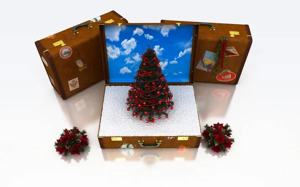 Weihnachtlicher Hintergrund Weihnachtsschmuck Christbaum Und Koffer Reisekonzept — Stockfoto