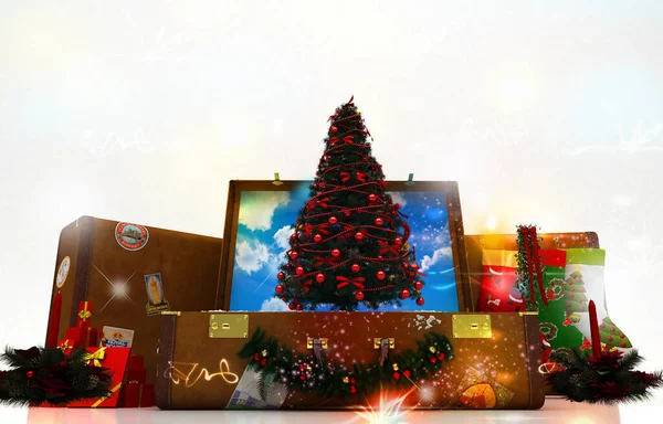 Kerstcadeaus Koffer Reisconcept Weergave Kerstmis Achtergrond — Stockfoto