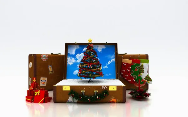 Illustration Von Weihnachtsgeschenken Auf Weißem Hintergrund Mit Koffer Reisekonzept — Stockfoto