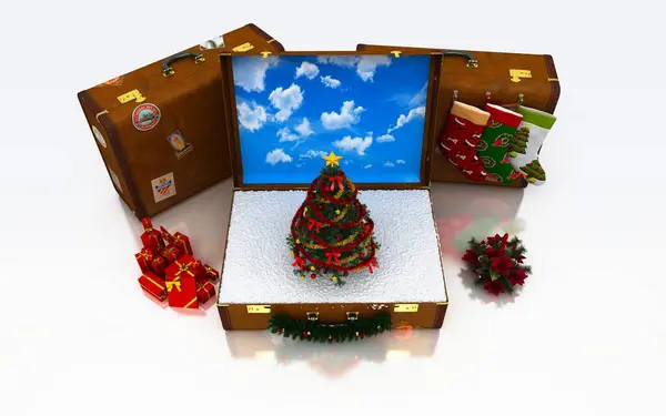 Weihnachtsbaum Mit Koffer Reisekonzept — Stockfoto