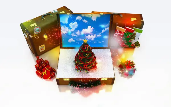 Karácsonyfa Bőröndben Utazási Koncepció Renderelés — Stock Fotó