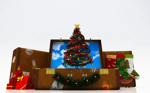 Regalo Navidad Con Ilustración Maleta Concepto Viaje —  Fotos de Stock