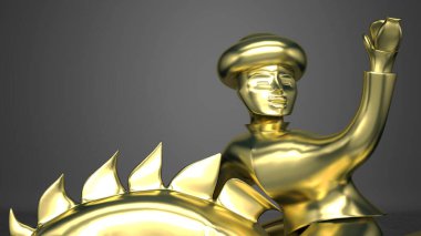 Altını gri arka planda olan bir atın üzerinde altın bir adam heykeli. 3 boyutlu illüstrasyon. 3d oluşturma