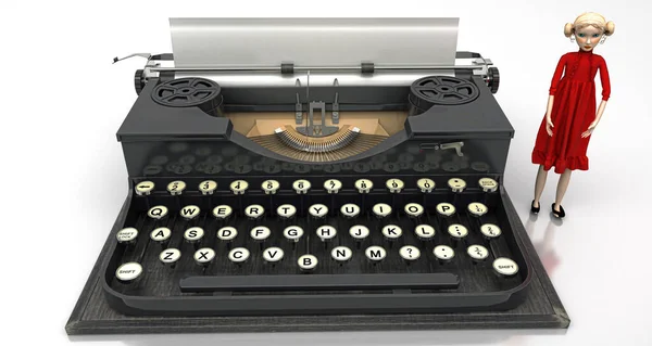 Retro Schreibmaschine Mit Einer Cartoon Figur Einer Frau Isolierter Weißer — Stockfoto