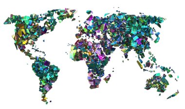 Beyaz arka planda dünya haritası, mavi, mor, siyah, mavi renkli dünya ülkesi ve bir dünya haritası..