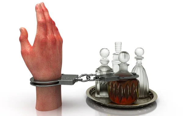 Hand Handcuffs Bottle Alcohol White Background — Stock Photo, Image