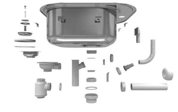 Steel Washbasin Sections Elements Exploded View Rendering — Stock Photo, Image