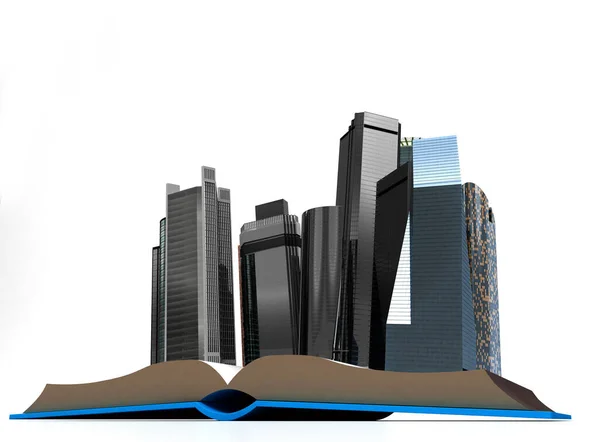 从一本书中脱颖而出的摩天大楼 房地产销售 3D渲染 — 图库照片