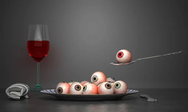 含有眼球的食物 恐怖的场景 介于两者之间的恶作剧 — 图库照片