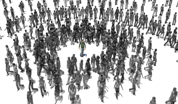 Samotny Człowiek Środku Tłumu Ludzi Kręgu Reprezentujący Samotność Izolację — Zdjęcie stockowe