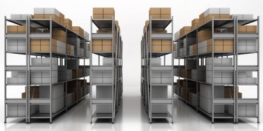 Warehouse storage racks with parcels, 3d render, isolated on white clipart